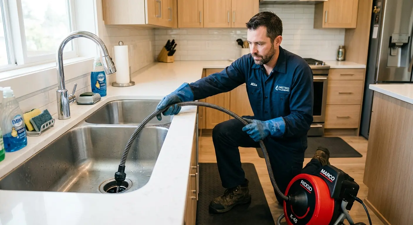 Drain cleaning technician using a motorized snake on a kitchen sink in Westmoreland