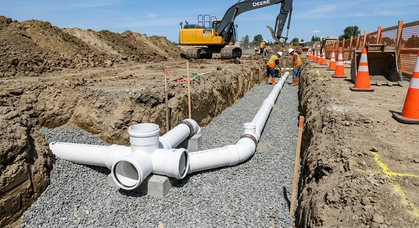 New PVC sewer pipe installation in open trench for Sewer Backup in Westmoreland