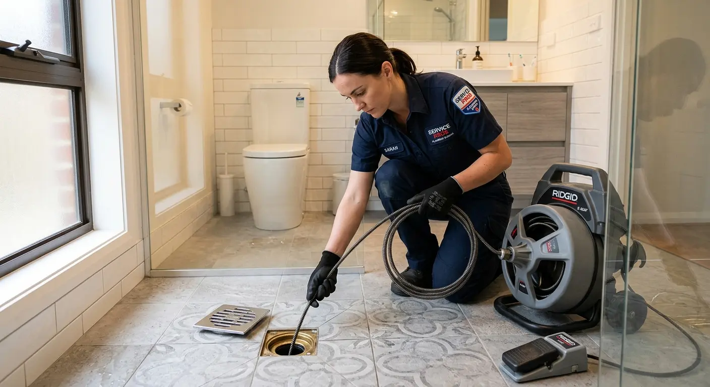 Technician clearing a bathroom floor drain for Drain Cleaning in Westmoreland